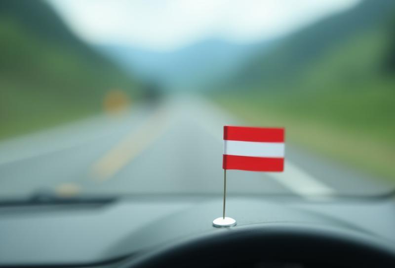 Small Austrian flag on a car dashboard with a road in the background